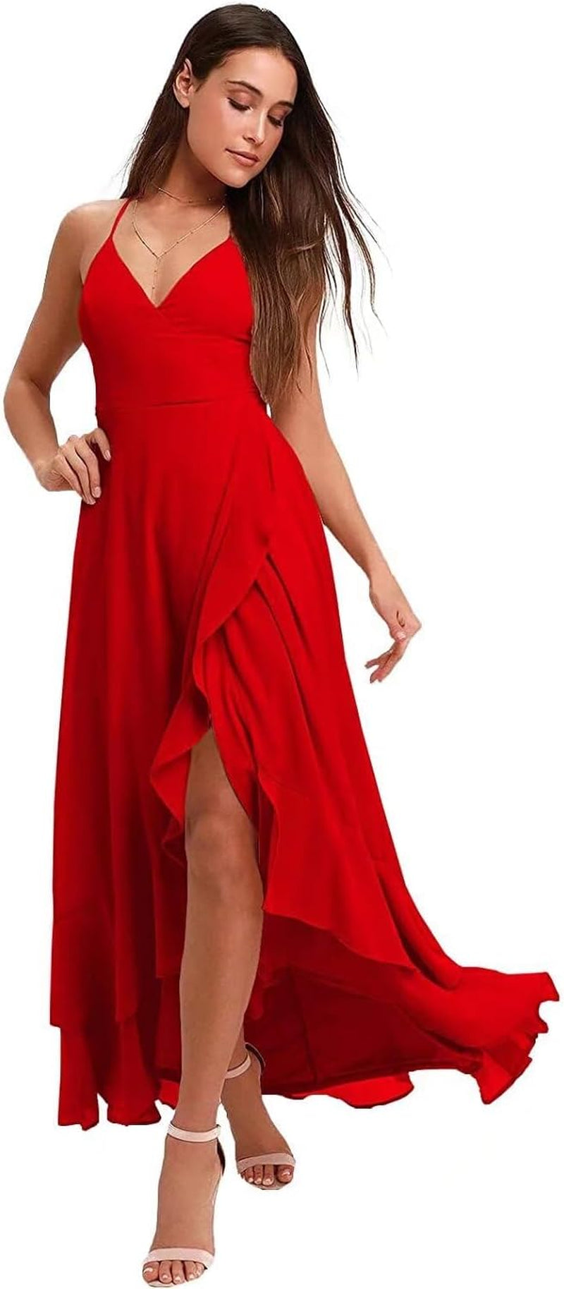 Spaghetti Strap Chiffon Bridesmaid Dresses Long for Women V Neck Slit High Low Formal Maxi Gown
