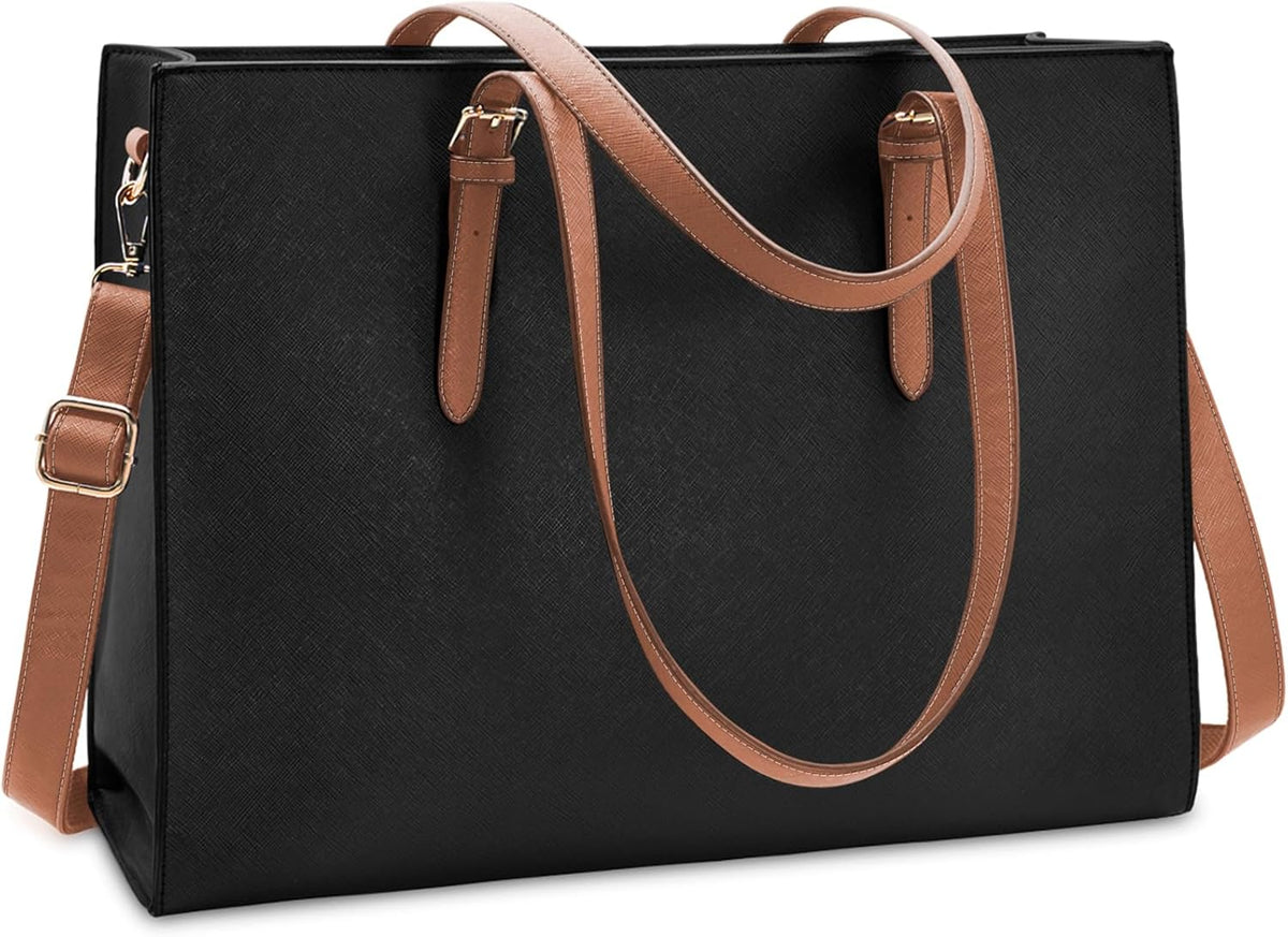 Laptop Bag for Women Waterproof Lightweight Leather 15.6 Inch Computer Tote Bag Business Office Briefcase Large Capacity Handbag Shoulder Bag Professional Office Work Bag Black
