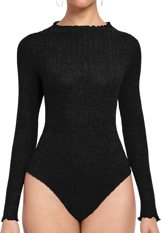 LAOLASI Women'S Long Sleeve Bodysuit Ribbed Knit Slim Fit Casual Basic Stretchy Daily Tops Jumpsuit T Shirts