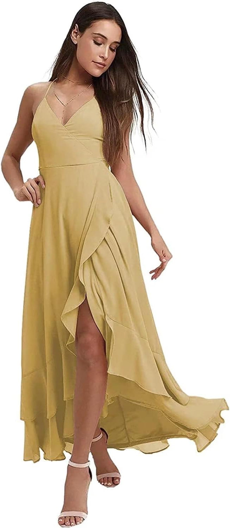 Spaghetti Strap Chiffon Bridesmaid Dresses Long for Women V Neck Slit High Low Formal Maxi Gown