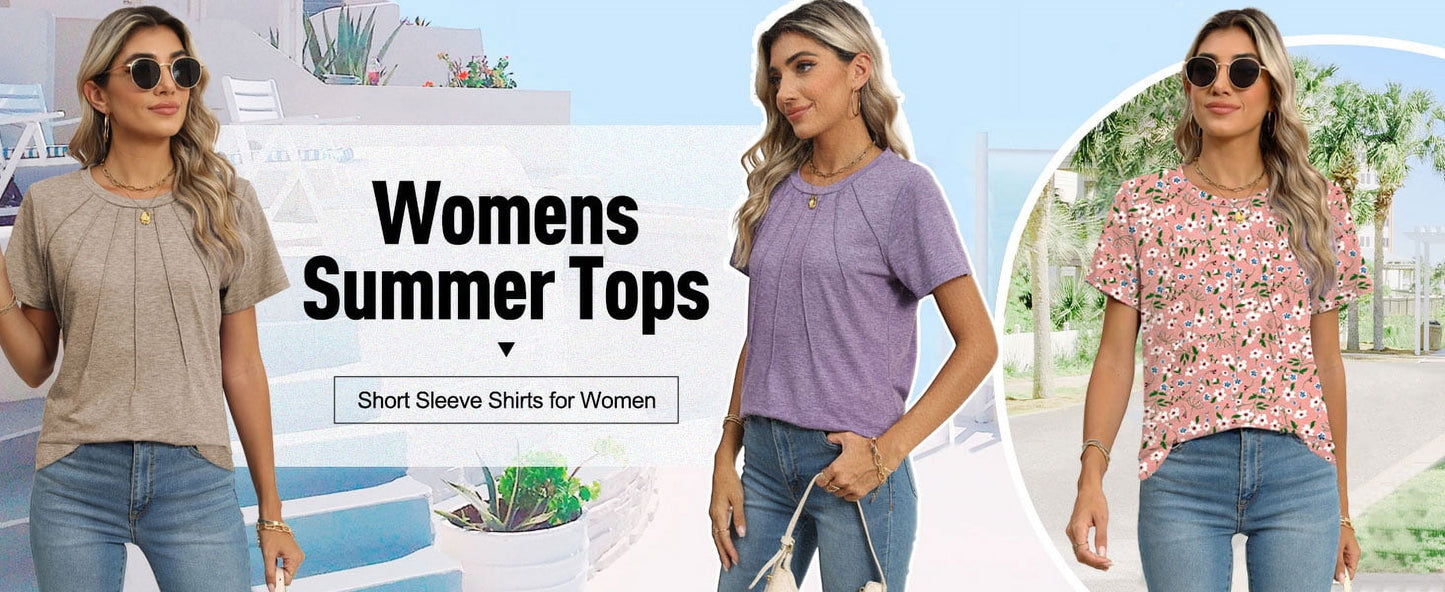 Blouses for Women Short Sleeve Shirts Casual Dressy Summer Tops with Pleats