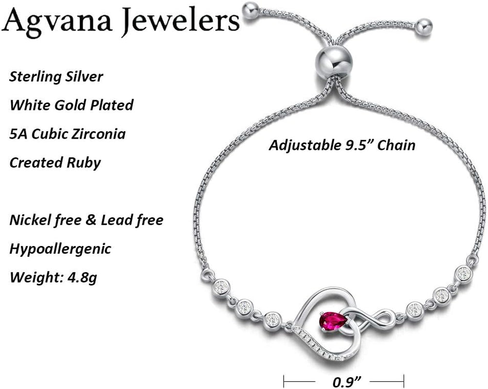 AGVANA Heart Birthstone Bracelets for Women Sterling Silver Genuine or Created Gemstone Tennis Bracelet Infinity Love Jewelry Anniversary Birthday Gifts for Wife Mom Women