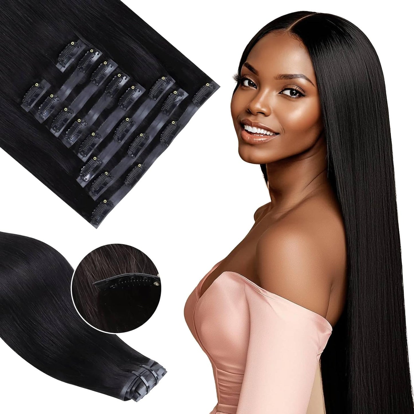 Seamless Clip in Hair Extensions - Human Hair Kinky Curly, 14 Inch 110G Natural Black, Ultra-Thin 0.8Mm PU Weft Real Human Hair Clip Ins