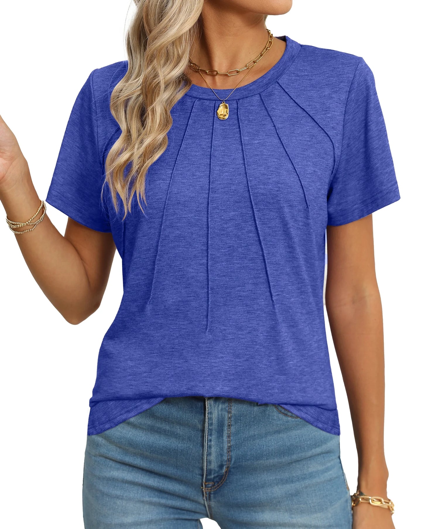 Blouses for Women Short Sleeve Shirts Casual Dressy Summer Tops with Pleats
