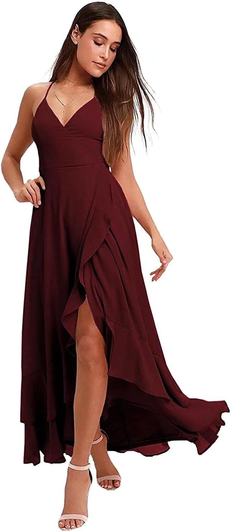 Spaghetti Strap Chiffon Bridesmaid Dresses Long for Women V Neck Slit High Low Formal Maxi Gown
