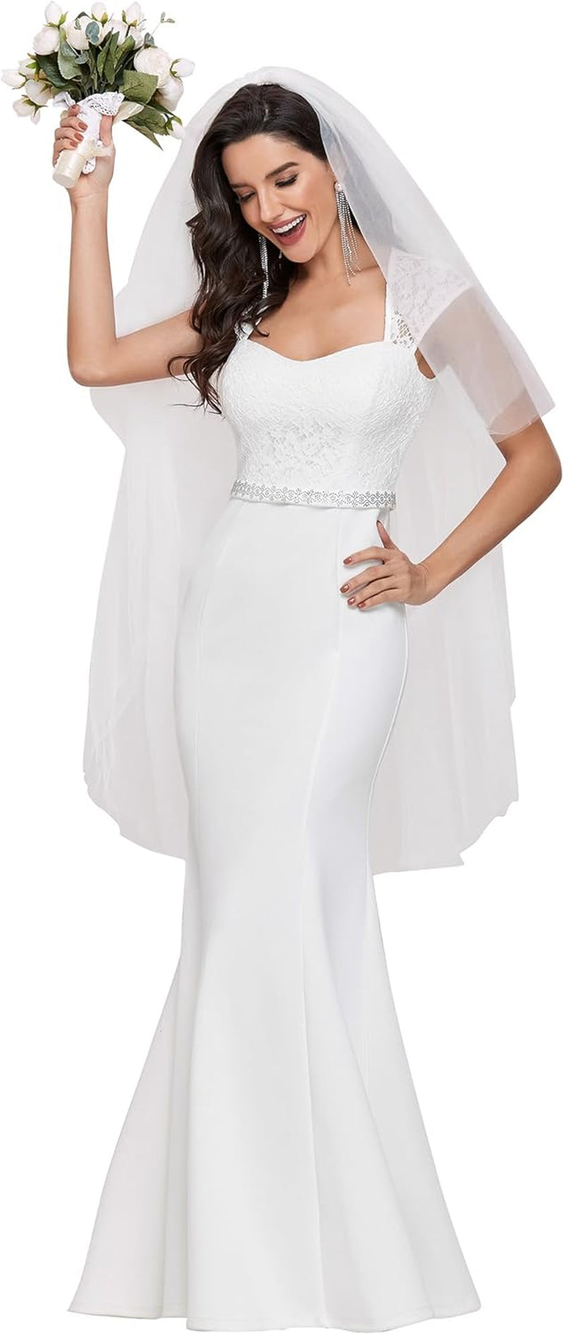 Ever-Pretty Women'S Elegant Lace Cap Sleeve V Neck Beading Mermaid Wedding Dresses for Bride 00218