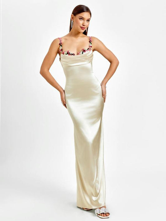 Parthea Backless Floral Embroidery Splicing Back Tie Mermaid Hem Bodycon Cami Dress,Suitable for Dates, Parties, Vacations and Formal Dinners