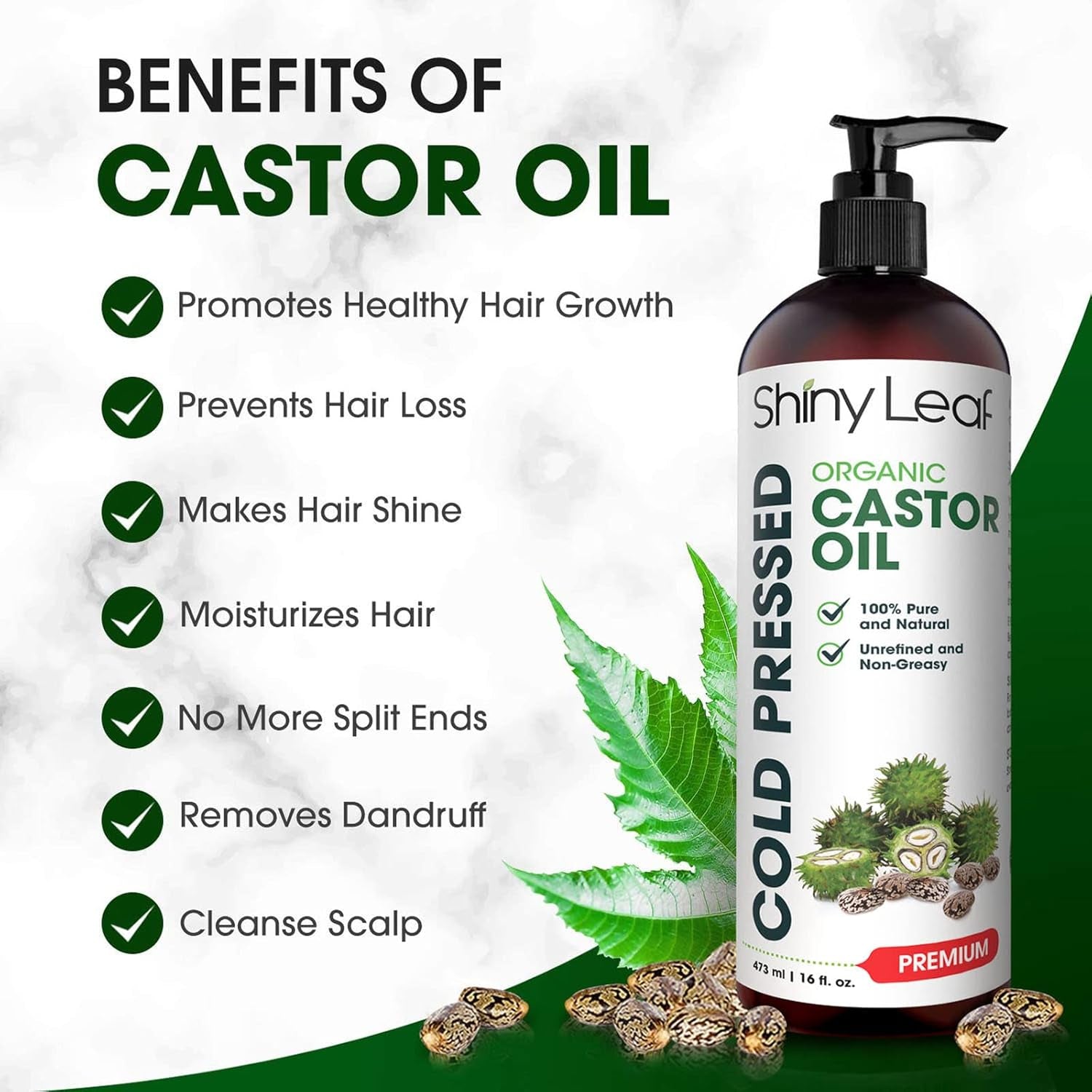 Organic Cold-Pressed Castor Oil (16 Oz) - Boost Hair Growth, Nourish Dry Skin & Enhance Eyelashes by Shiny Leaf