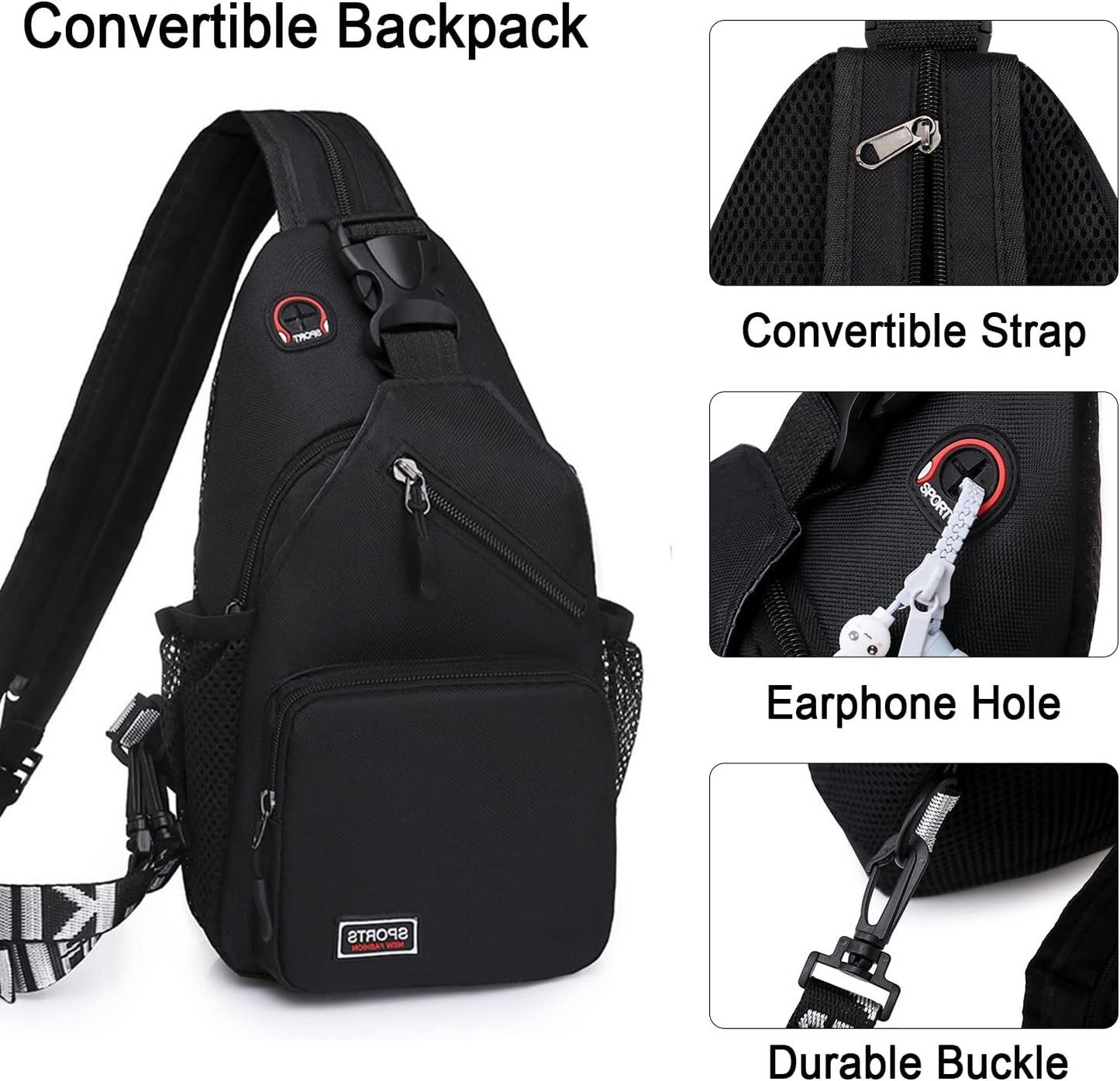 Peicees Convertible Sling Bag for Men Women Waterproof Sling Backpack Crossbody Shoulder Bag for Travel Hiking Cycling