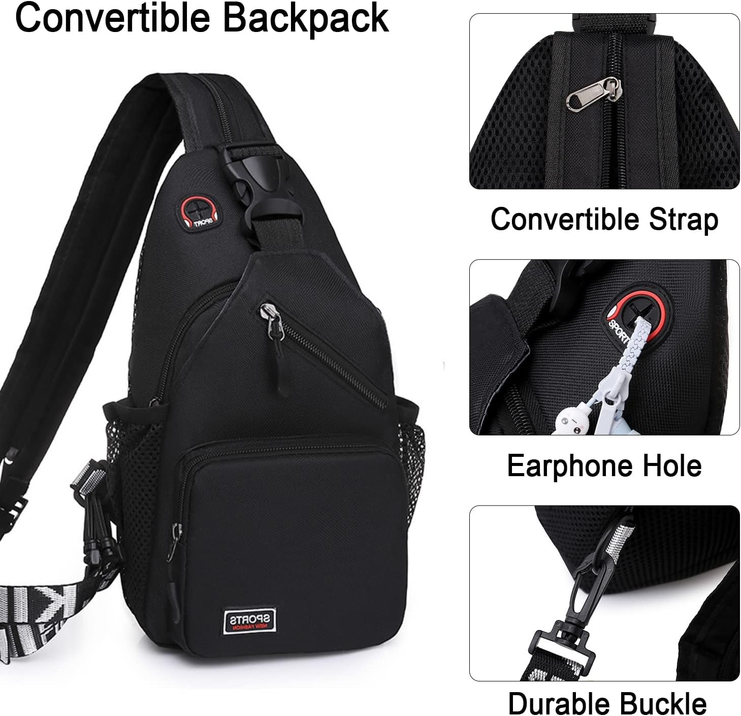 Peicees Convertible Sling Bag for Men Women Waterproof Sling Backpack Crossbody Shoulder Bag for Travel Hiking Cycling