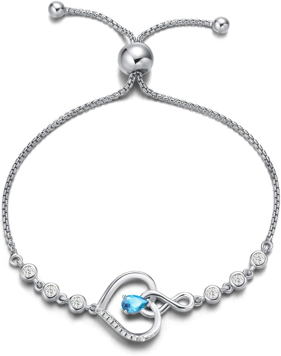 AGVANA Heart Birthstone Bracelets for Women Sterling Silver Genuine or Created Gemstone Tennis Bracelet Infinity Love Jewelry Anniversary Birthday Gifts for Wife Mom Women