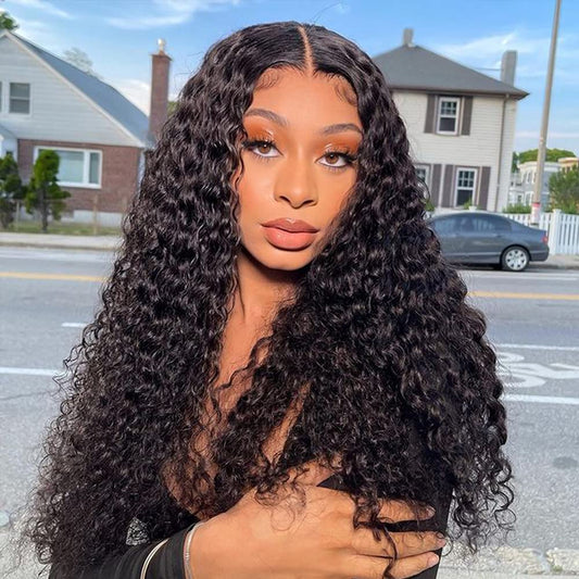 28 Inch Glueless Curly Wave Human Hair Lace Front Wig Pre Plucked Brazilian Curly 4X4 Lace Closure Wigs with Baby Hair 9A Glueless Wet and Wavy Lace Front Wigs 150% Density Virgin Hair Lace Wigs