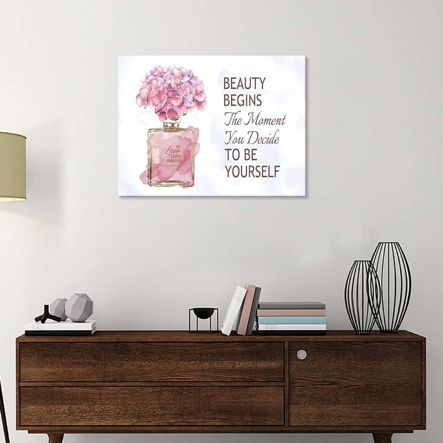 Elegant Gold Bottle & Pink Flower Canvas Wall Art - Inspirational Quotes for Bathroom, Bedroom & Powder Room - 16" x 12