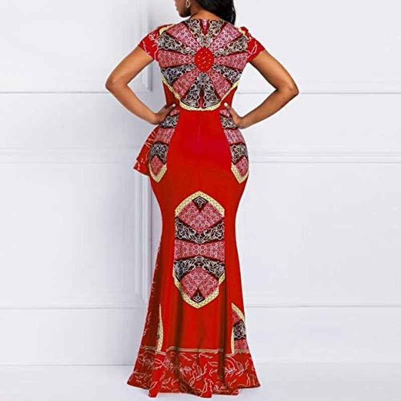 African Dress Cap Sleeve Square Neck Floor-Length Geometric Mermaid Maxi Dress Long Dress