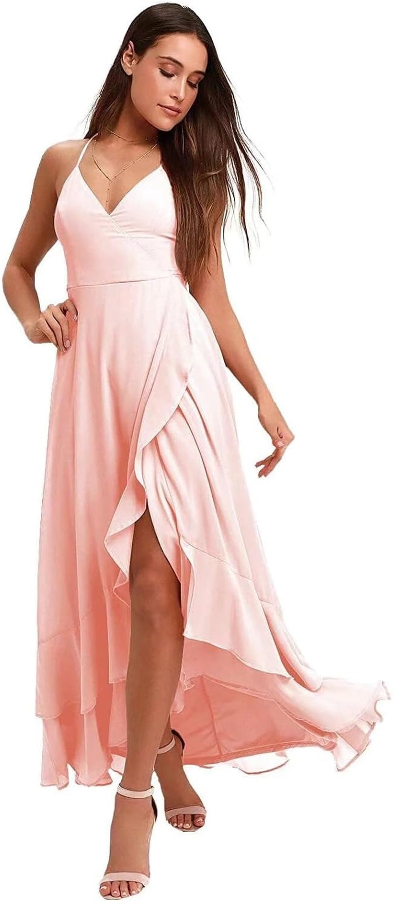 Spaghetti Strap Chiffon Bridesmaid Dresses Long for Women V Neck Slit High Low Formal Maxi Gown