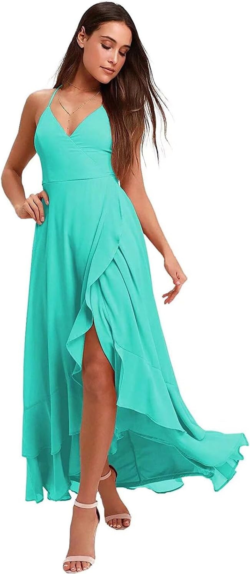 Spaghetti Strap Chiffon Bridesmaid Dresses Long for Women V Neck Slit High Low Formal Maxi Gown