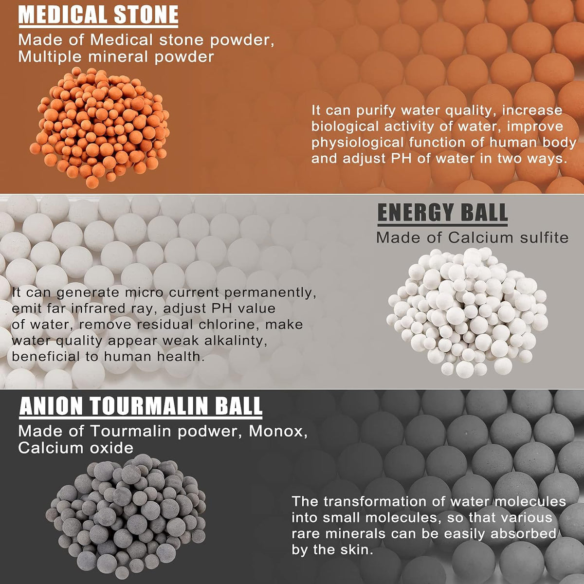 Replacement Shower Filter Beads Anion Mineral Balls Purifying Stones for Purifying Water Filter Shower Head 3 Kinds (6 Packs,Diameter 7-8 Mm)