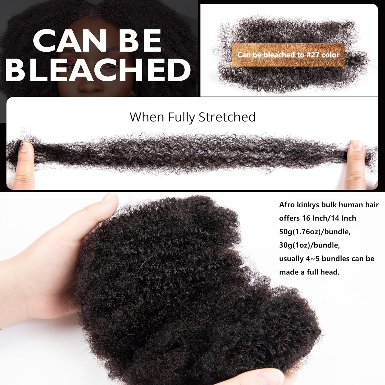 14 Inch 50Gram Afro Kinkys Bulk Human Hair for Dreadlock Extensions, Repair Locs, Create Dreadlocks,Micro Twist Braids, Soft Kinky Curly Bulk for Locs Extensions(Natural Black)