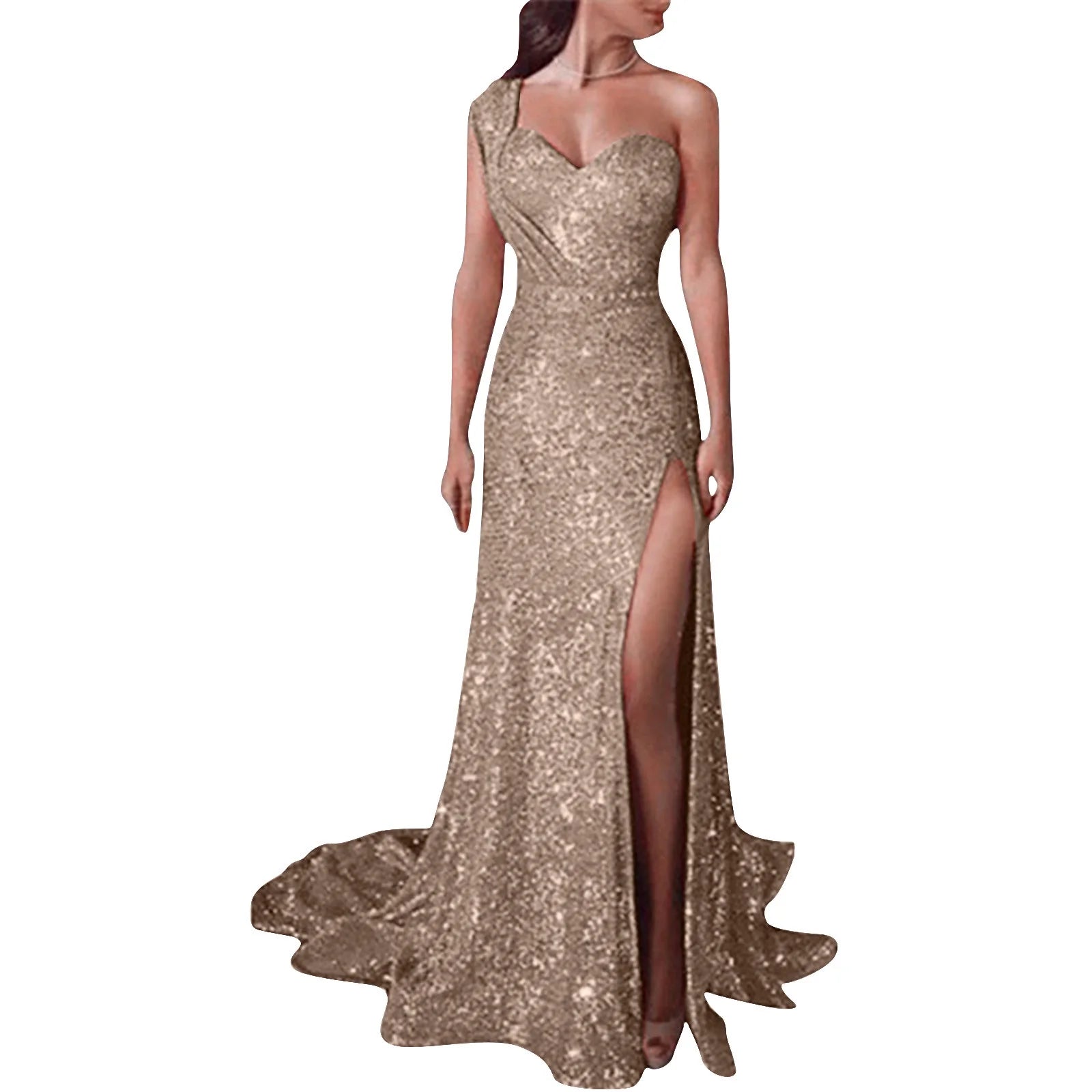 Sequin Mermaid Prom Dresses for Women Formal Sparkly Coaktail Bodycon Evening Maxi Dress One Shoulder Wedding Party Gown(Gold S)