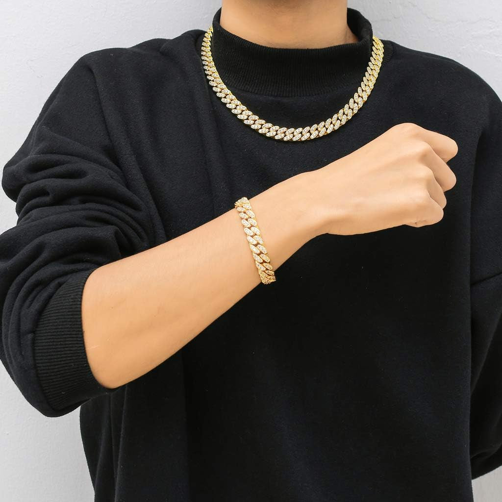 Gold Cuban Chain for Men,Hip Hop 13Mm 14K Gold Plated Iced Out Lab Diamond Miami Cuban Link Chain Necklace,Full Cz Diamond Cut