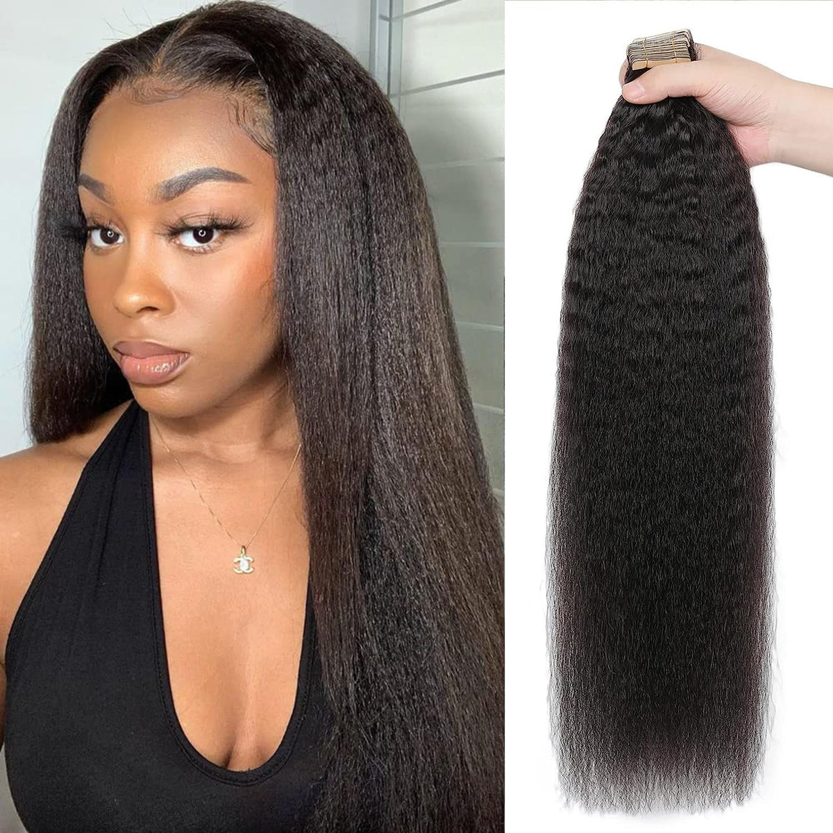 60PCS Tape in Hair Extensions Real Human Hair Kinky Straight Tape in Extensions Invisible Seamless Skin Weft Yaki Straight Human Hair Tape Ins for Black Women 12 Inch