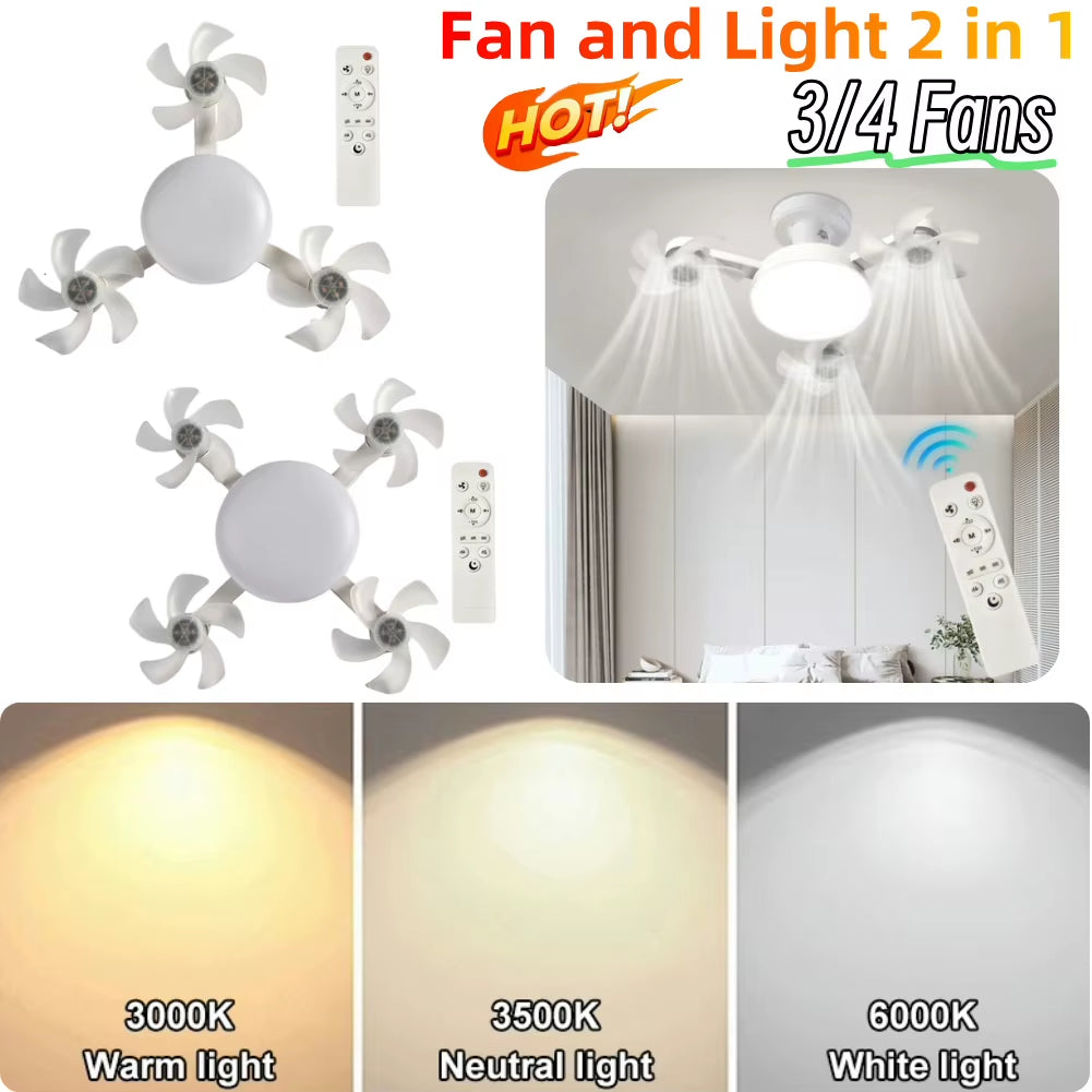 2 in 1 Hanging Fan with LED Light E27 Universal Dimming Drone Fan Silent Ceiling Drone Fan for Dining Room Bedroom Living Room