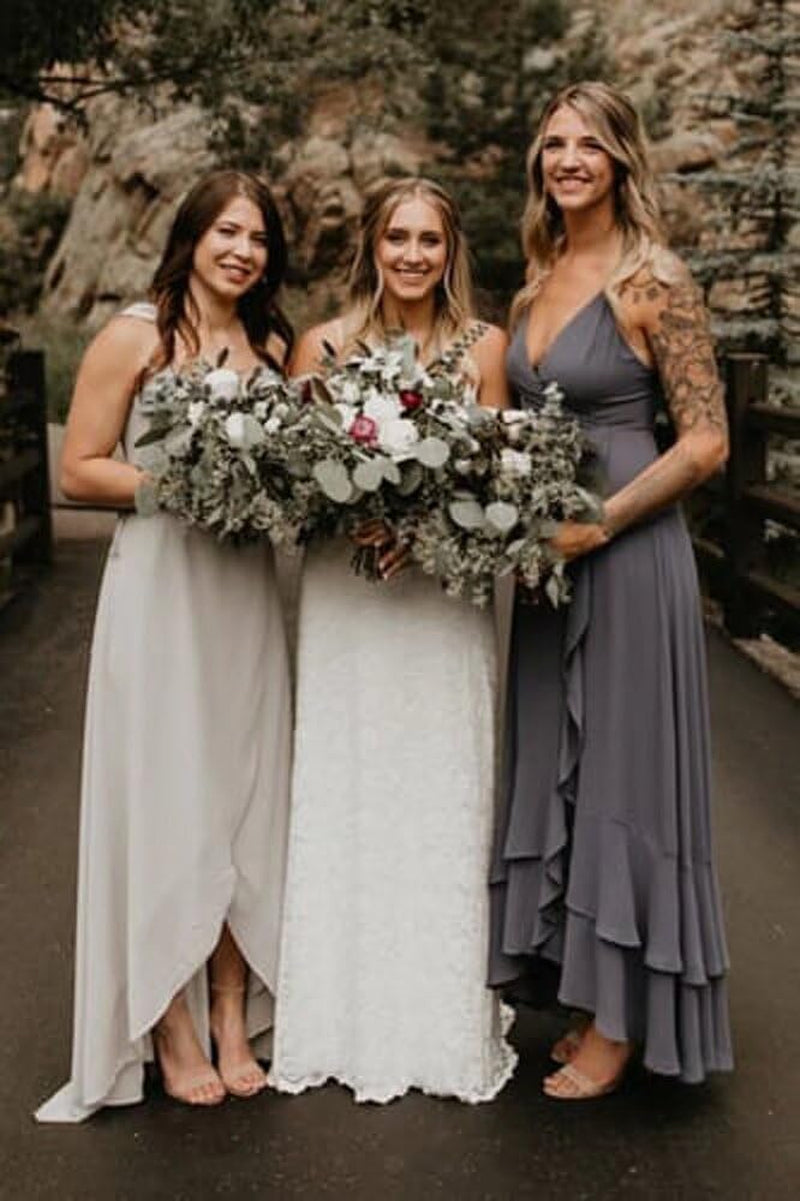 Spaghetti Strap Chiffon Bridesmaid Dresses Long for Women V Neck Slit High Low Formal Maxi Gown