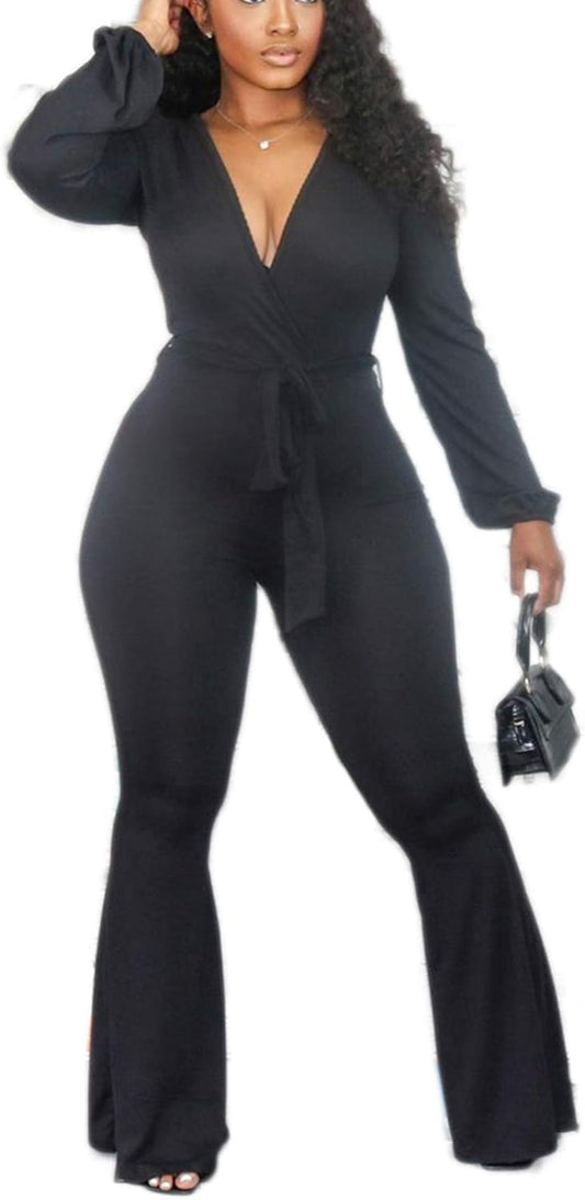 Jumpsuits for Women Elegant One Piece Outfits High Waist Bell Pants Suits Jumper with Belt plus Size