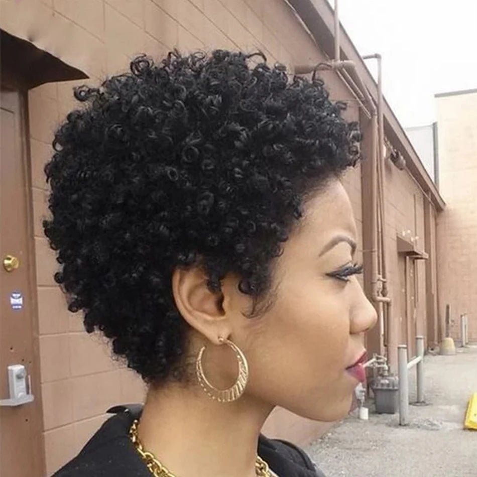 Short Afro Kinky Curly Pixie Cut Wigs for Women Human Hair Malaysian Remy 180% Density Human Hair Wigs Machine Made Wig