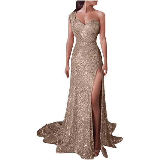 Sequin Mermaid Prom Dresses for Women Formal Sparkly Coaktail Bodycon Evening Maxi Dress One Shoulder Wedding Party Gown(Gold S)