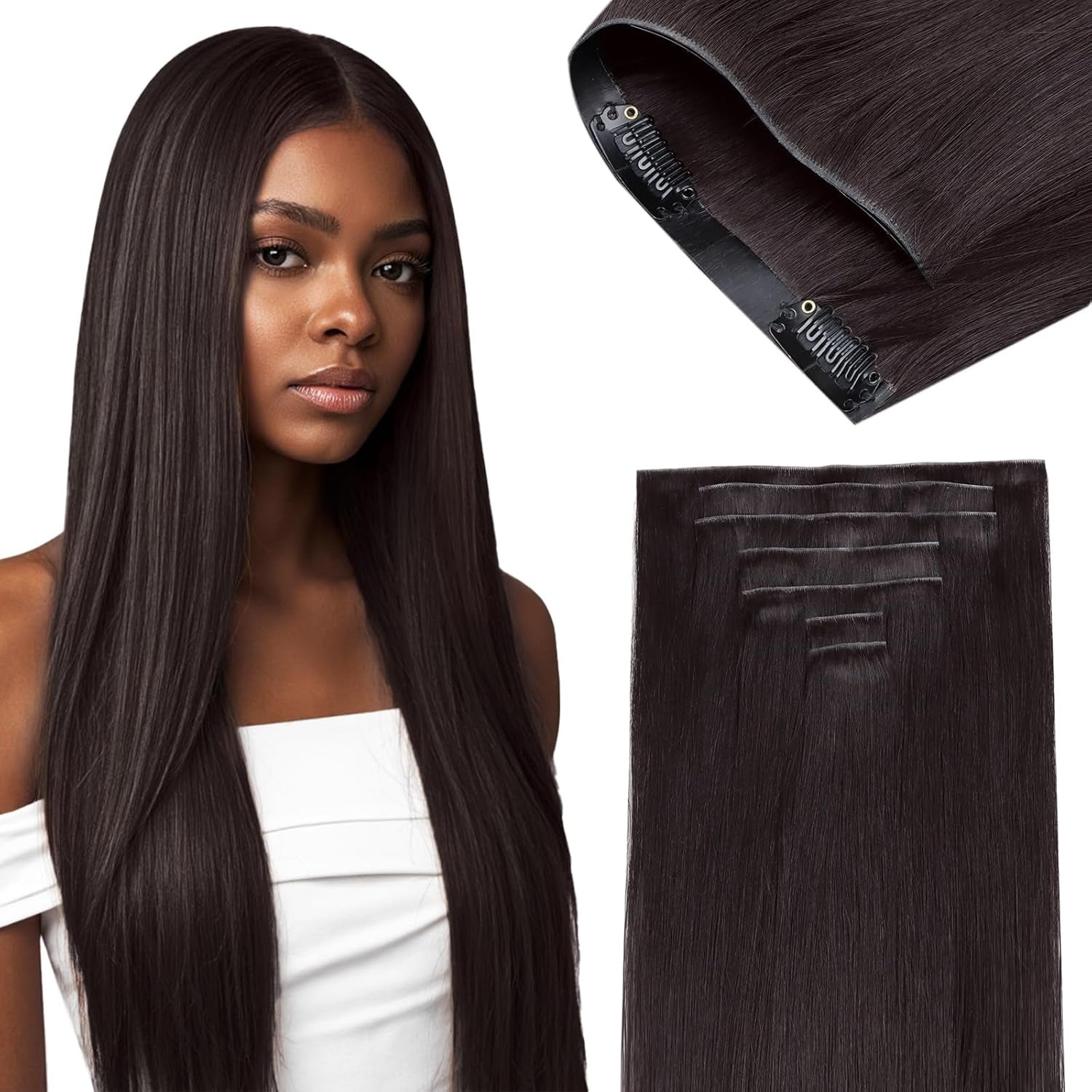 Seamless Clip in Hair Extensions - Human Hair Kinky Curly, 14 Inch 110G Natural Black, Ultra-Thin 0.8Mm PU Weft Real Human Hair Clip Ins