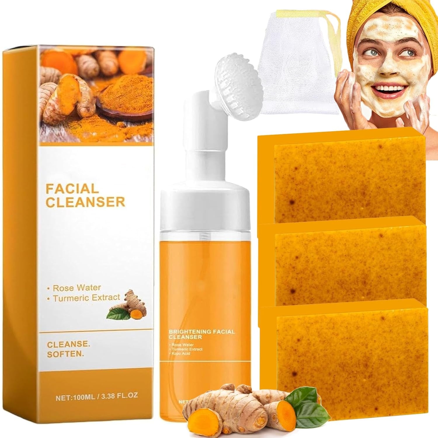 Turmeric Wash & Care Duo: Exfoliating Soap & Foaming Face Wash with Brush for Radiant Skin