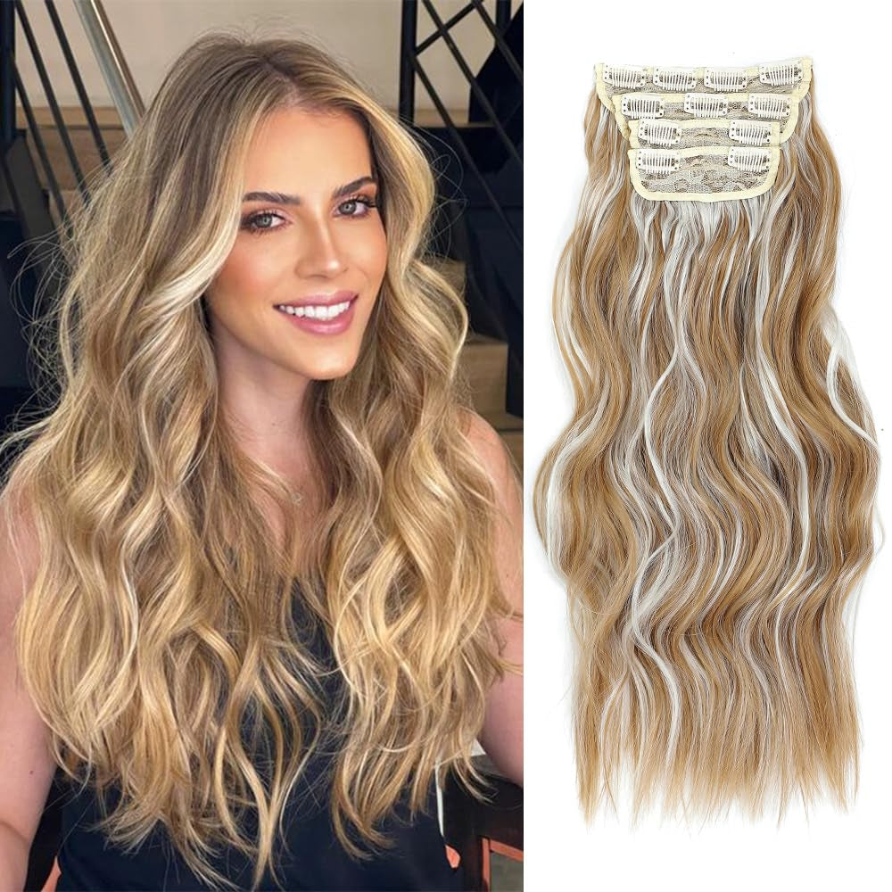 4PCS Clip in Hair Extensions 20Inch Black Hair Extensions Long Wavy Hair Extensions Clip Ins Synthetic Thick Hair Piece for Women(Black)