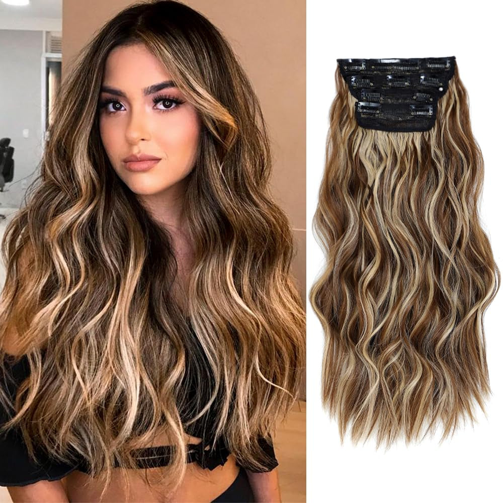4PCS Clip in Hair Extensions 20Inch Black Hair Extensions Long Wavy Hair Extensions Clip Ins Synthetic Thick Hair Piece for Women(Black)